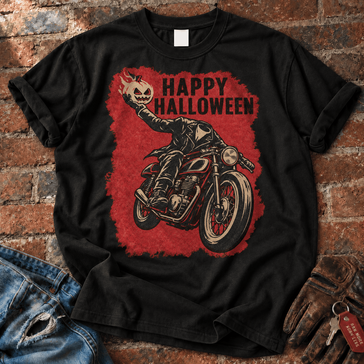 Happy Halloween Pumpkin Head Biker T-Shirt