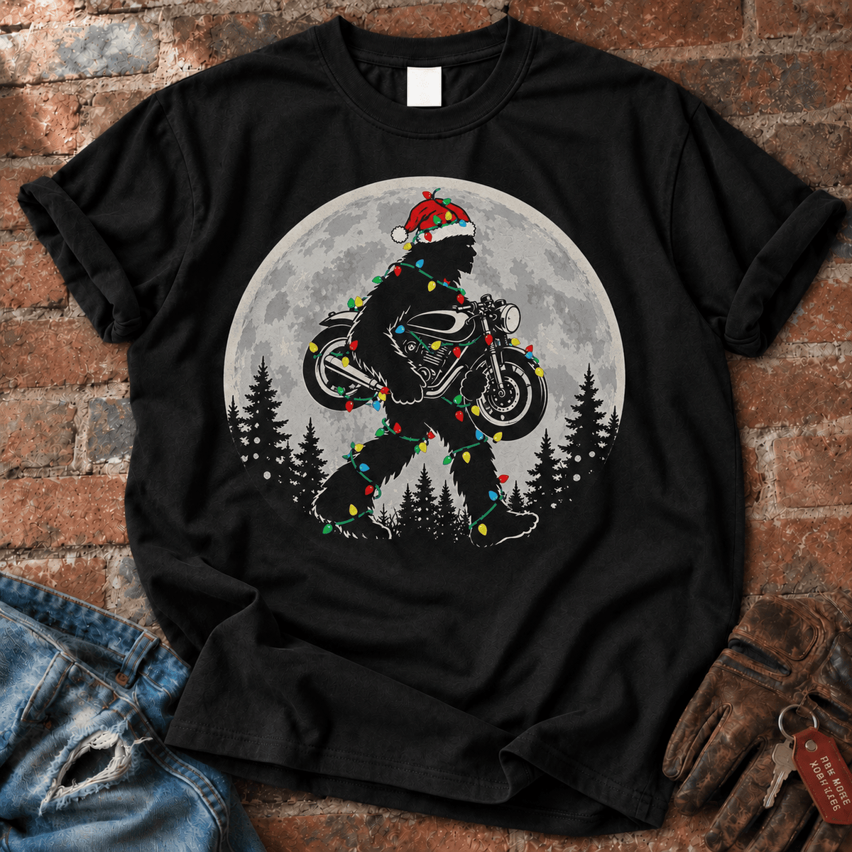 Bigfoot Carrying Motorcycle Christmas T-Shirt