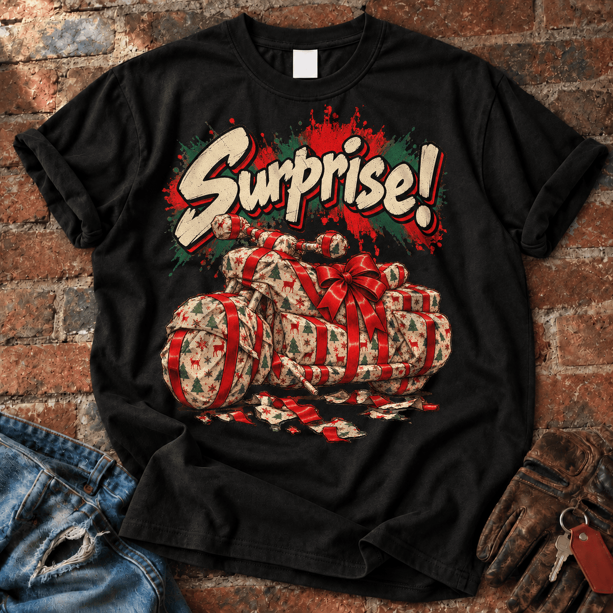 Surprise! Wrapped Motorcycle Christmas T-Shirt