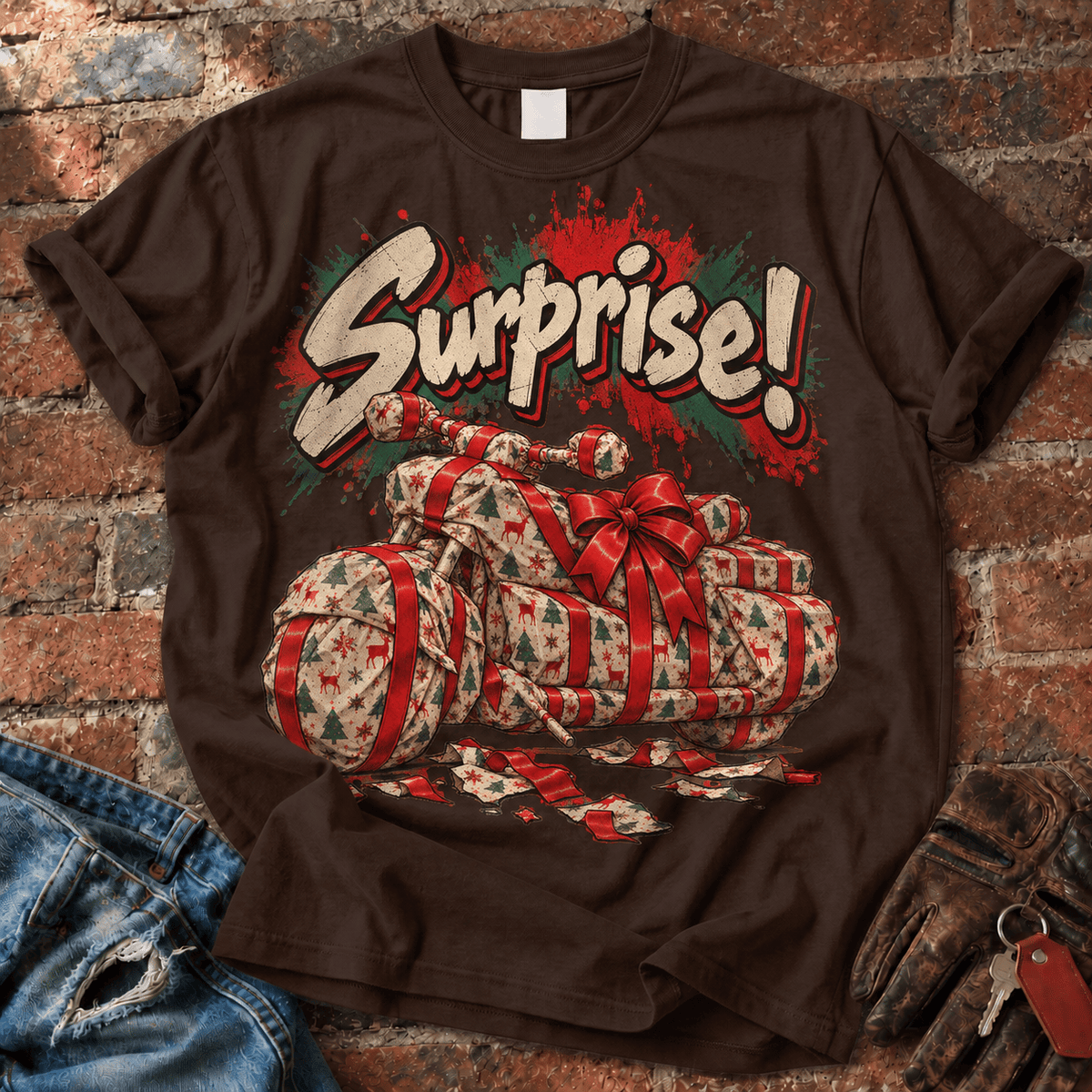 Surprise! Wrapped Motorcycle Christmas T-Shirt