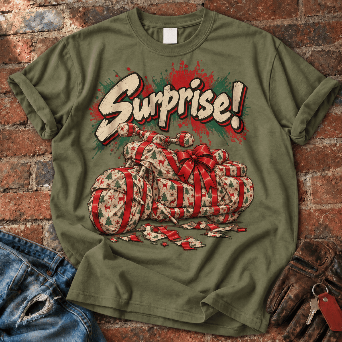 Surprise! Wrapped Motorcycle Christmas T-Shirt