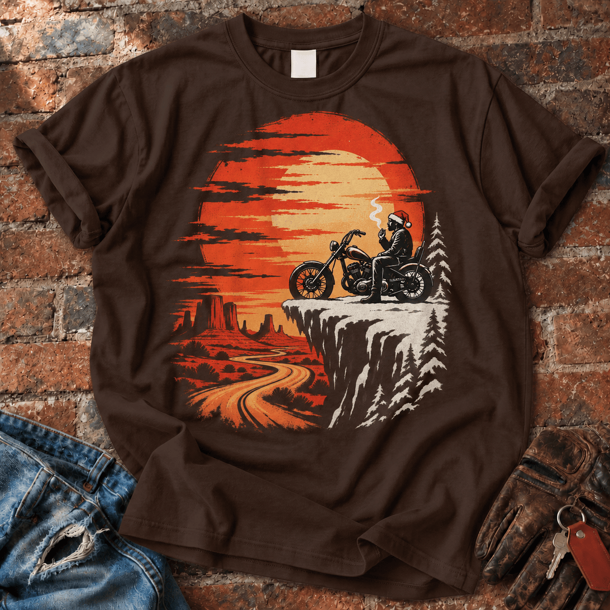 Sunset Cliff Motorcycle Christmas T-Shirt