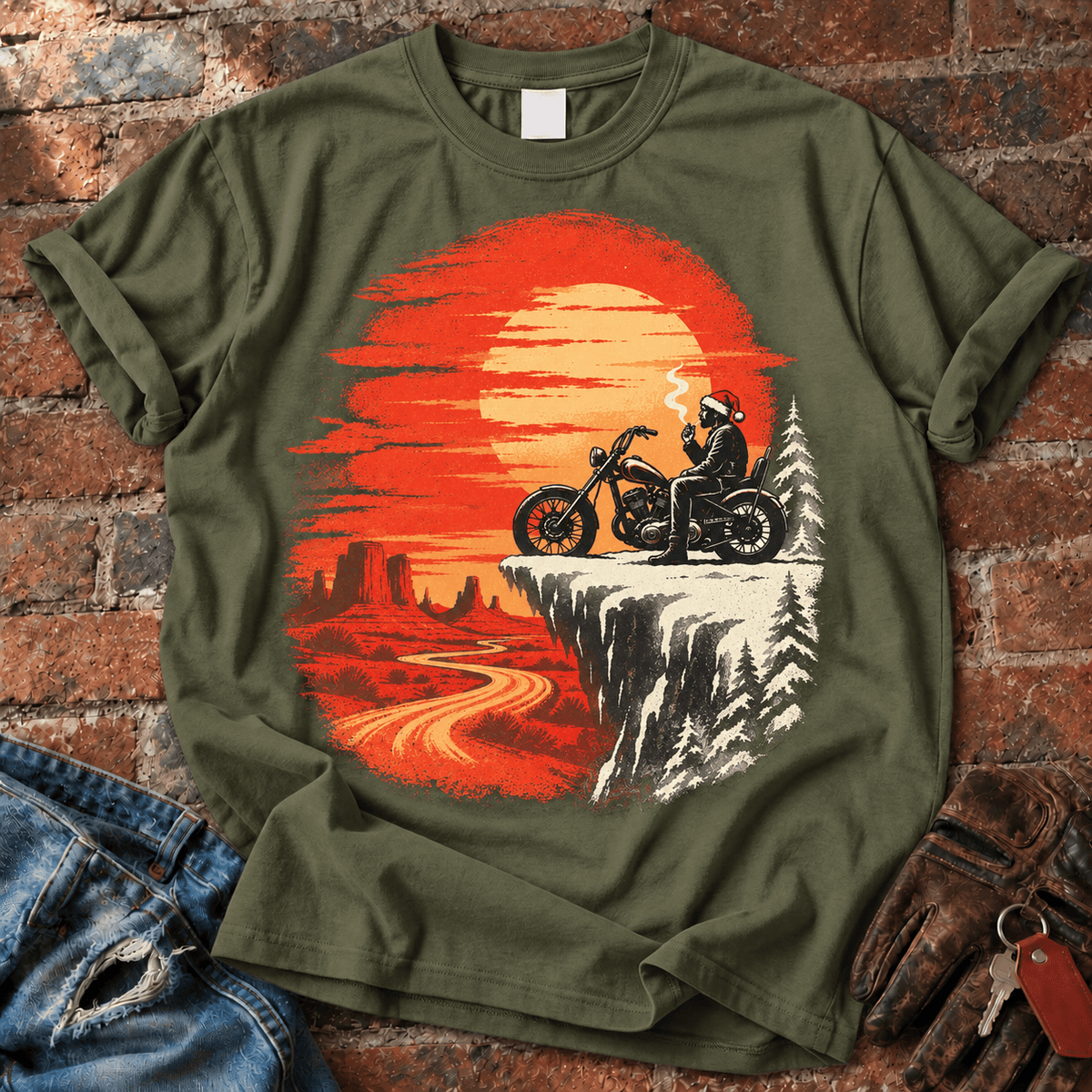 Sunset Cliff Motorcycle Christmas T-Shirt